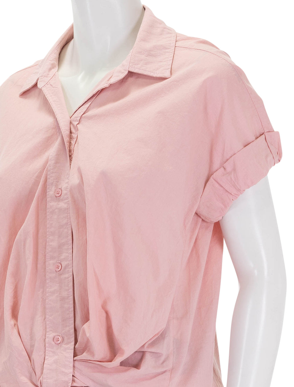 Close-up view of Stateside's voile s/s twist front shirt in lipstick pink.