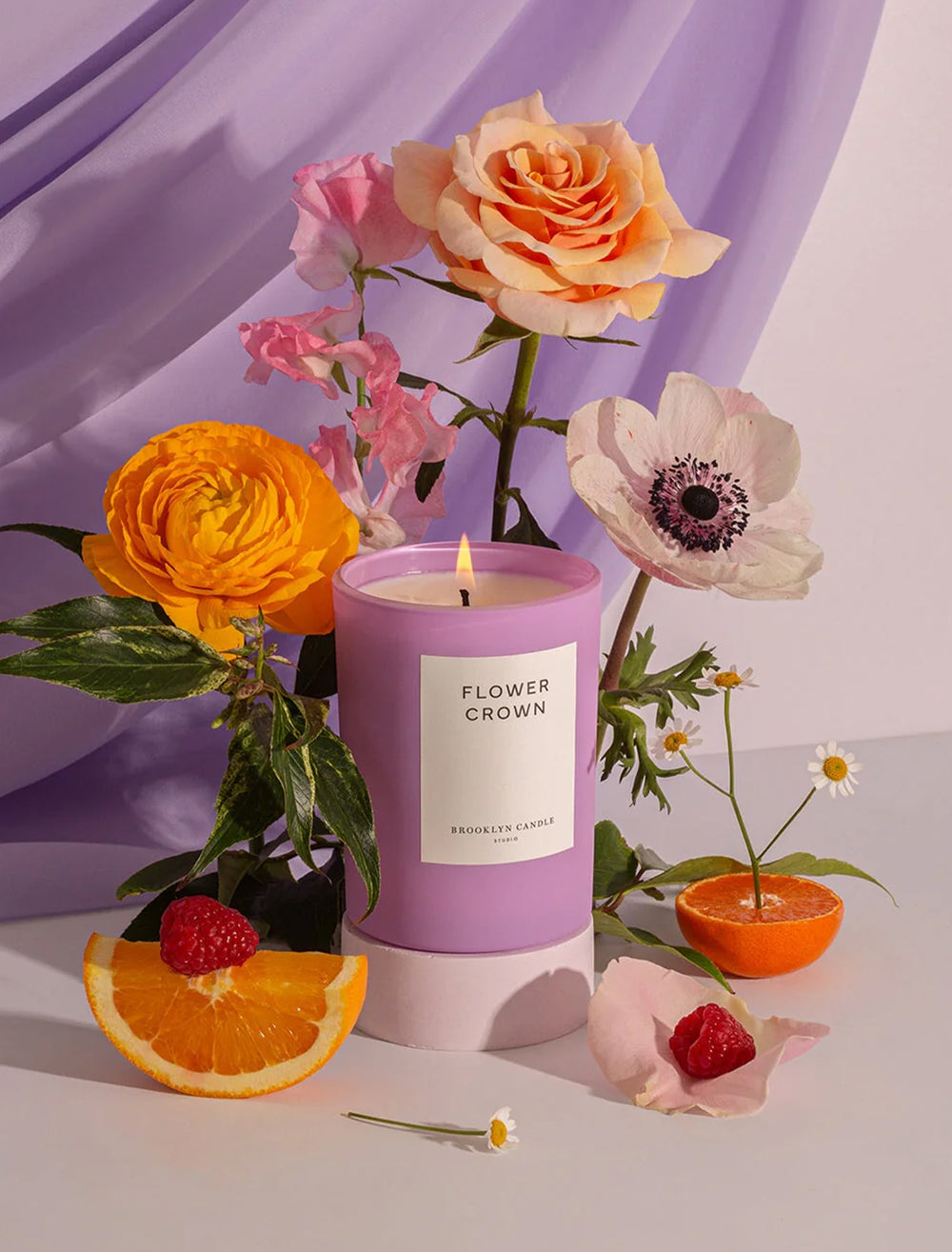 Stylized photography of Brooklyn Candle Studio's flower crown candle.