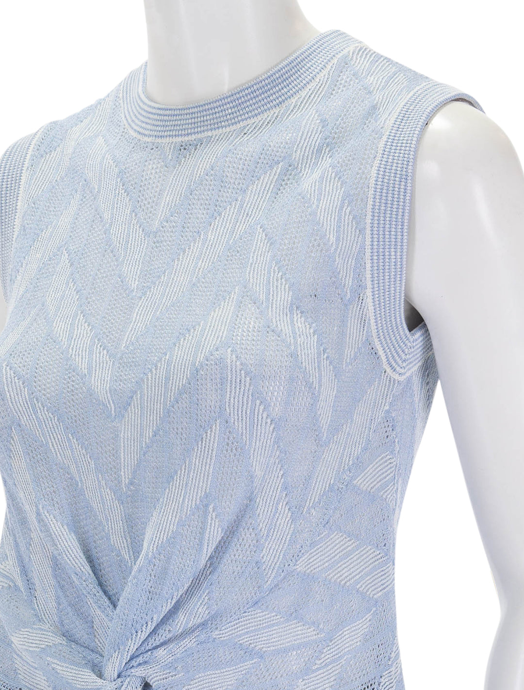 Close-up view of Veronica Beard's kellen sweater in light blue.