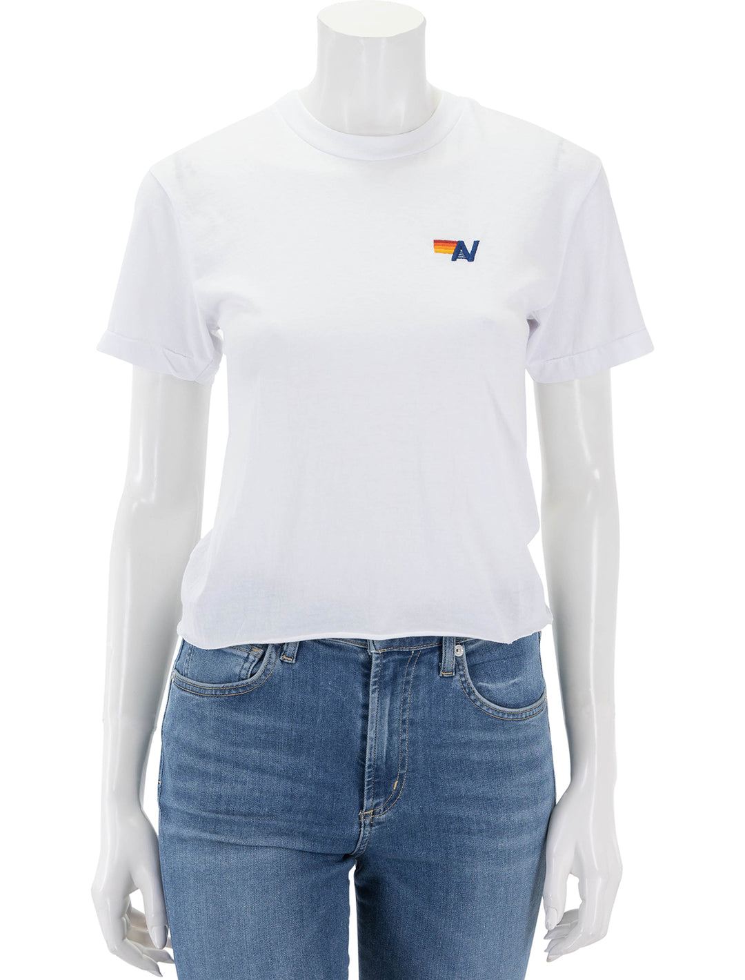 Front view of Aviator Nation's basic boyfriend tee in white.