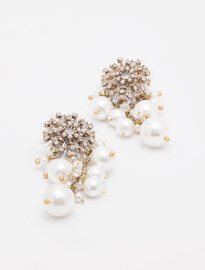 Close-up view of Tai's Pearls and Beads Cascading Earrings.