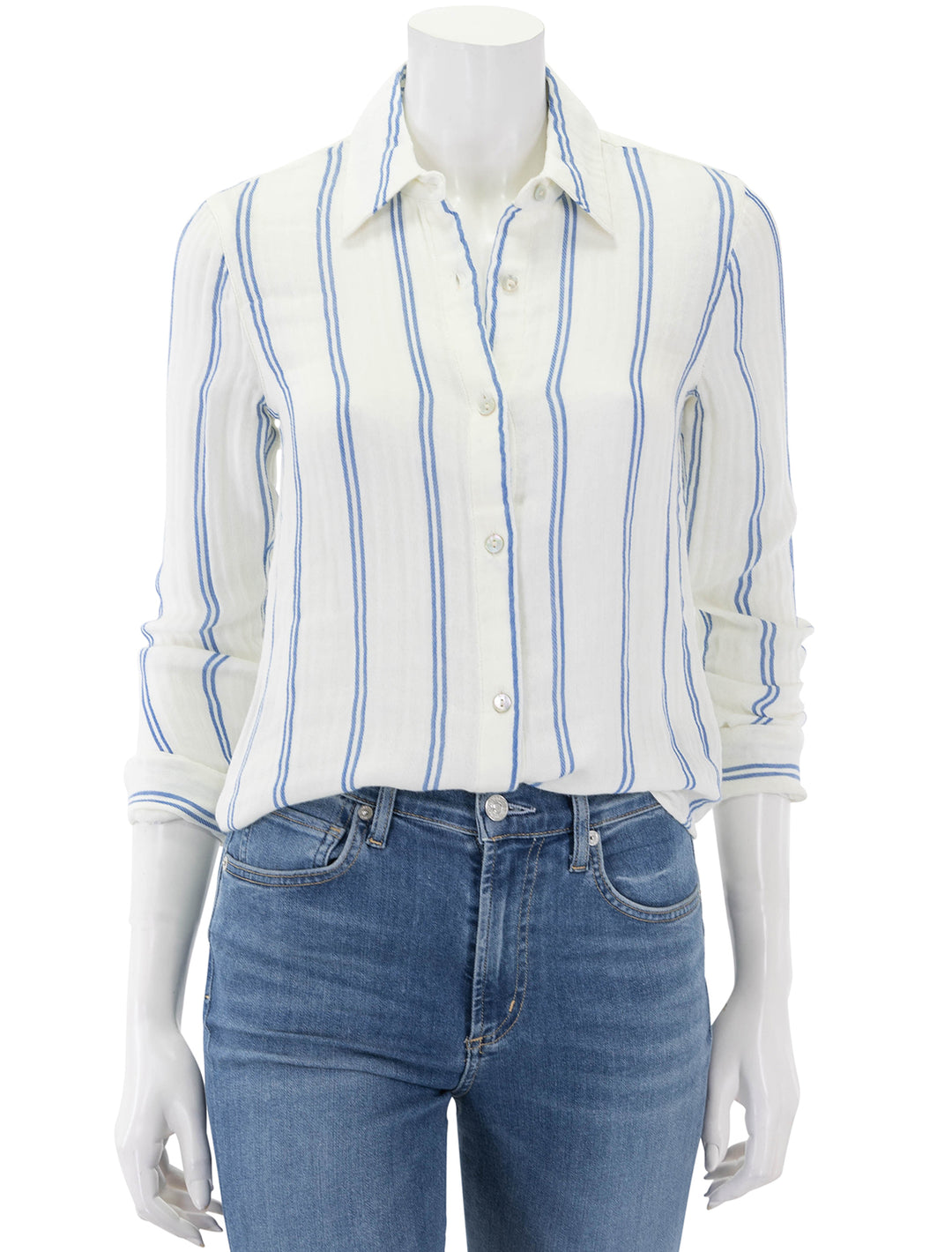 Front view of Faherty's dream cotton gauze shirt in back bay stripe.