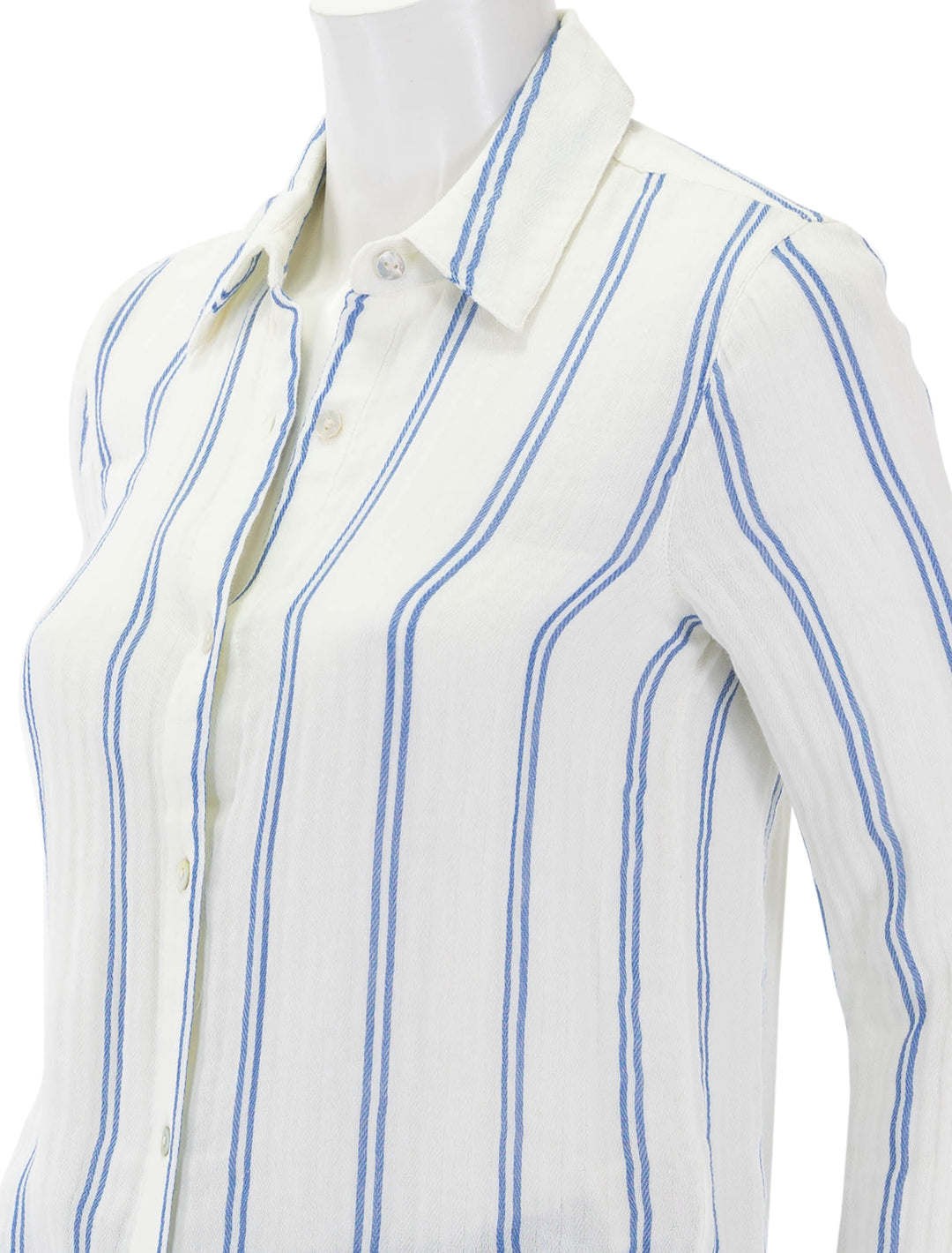 Close-up view of Faherty's dream cotton gauze shirt in back bay stripe.