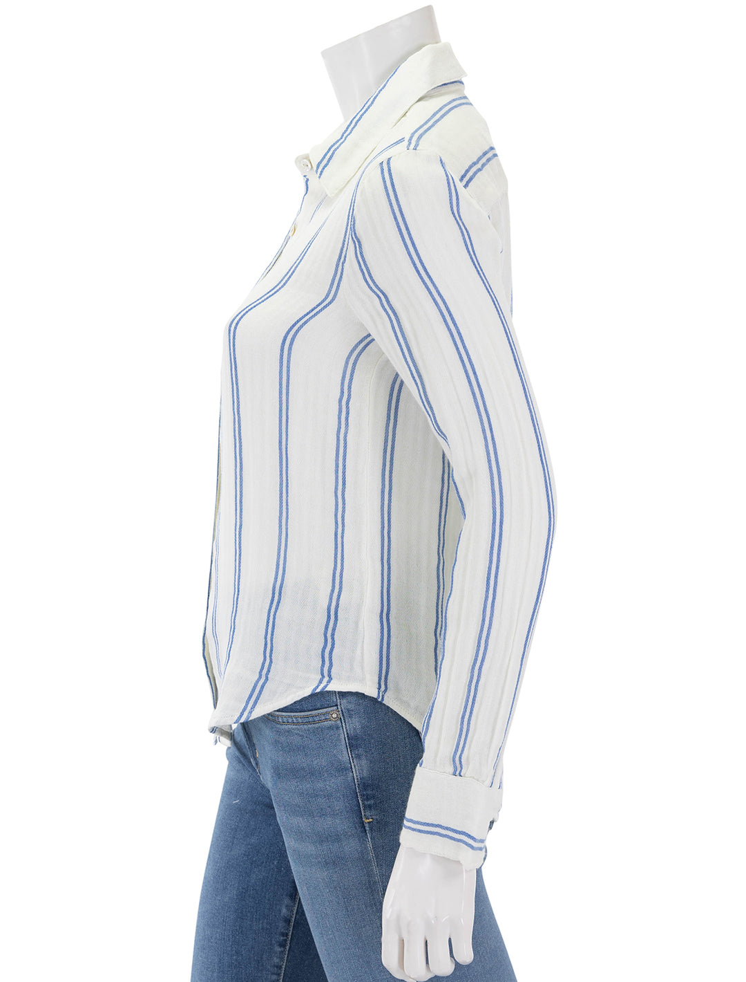 Side view of Faherty's dream cotton gauze shirt in back bay stripe.