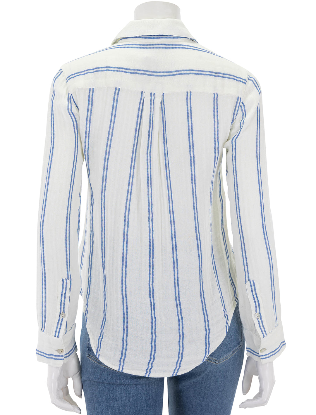 Back view of Faherty's dream cotton gauze shirt in back bay stripe.