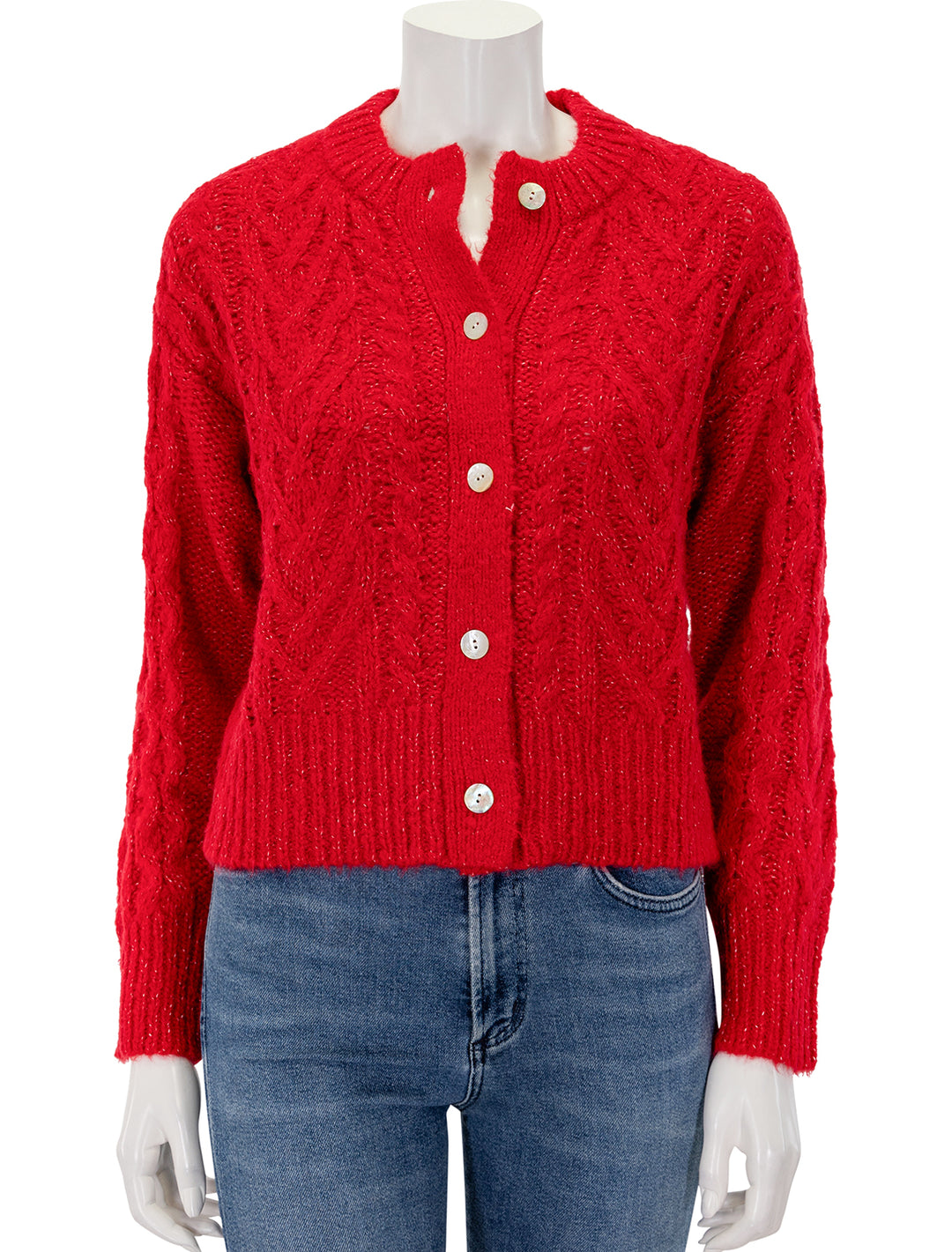 Front view of Rails' amelie cable knit cardi in scarlet.