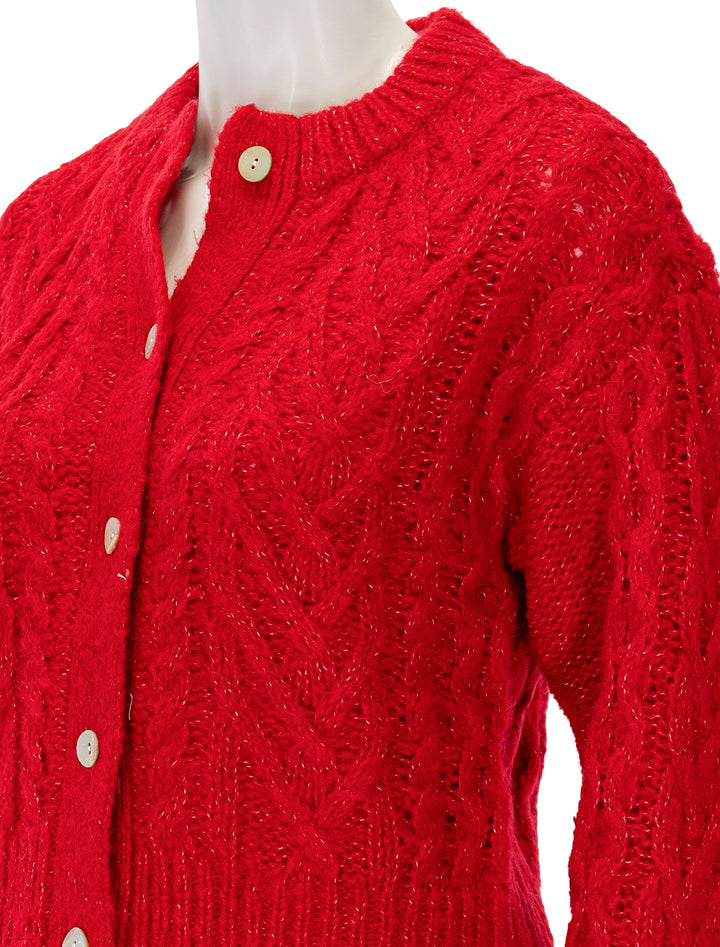 Close-up view of Rails' amelie cable knit cardi in scarlet.