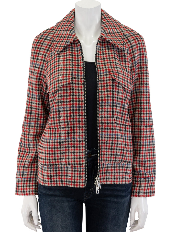 Front view of Rails' cheyenne jacket in crimson mini check, unzipped.