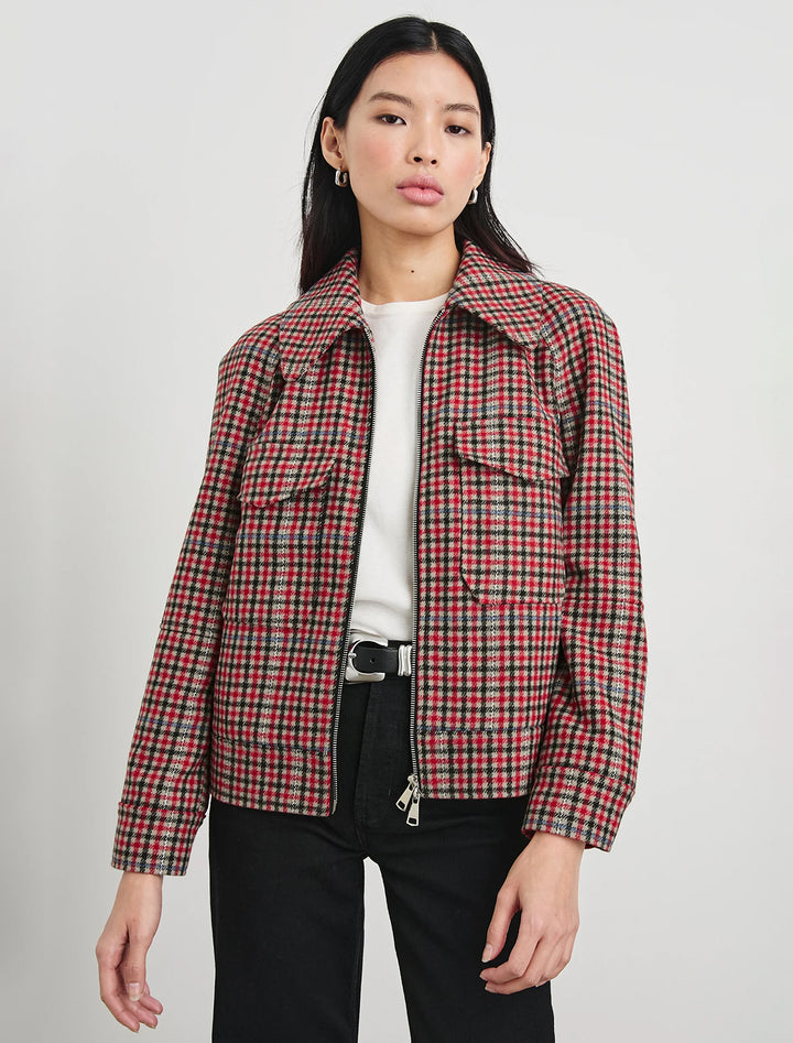 Model wearing Rails' cheyenne jacket in crimson mini check.