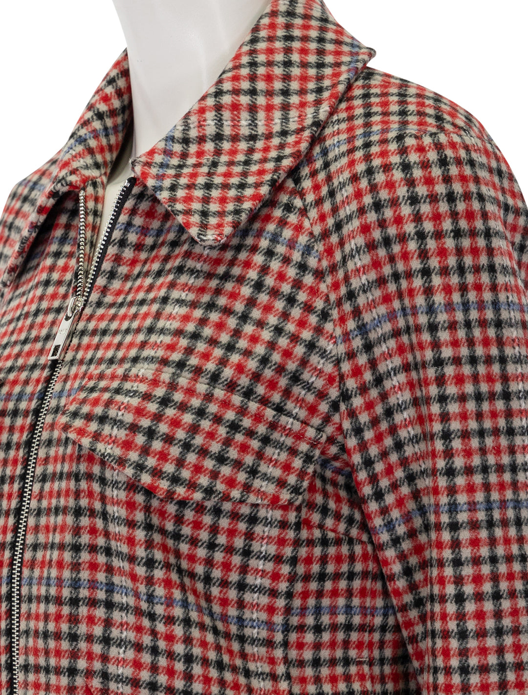 Close-up view of Rails' cheyenne jacket in crimson mini check.