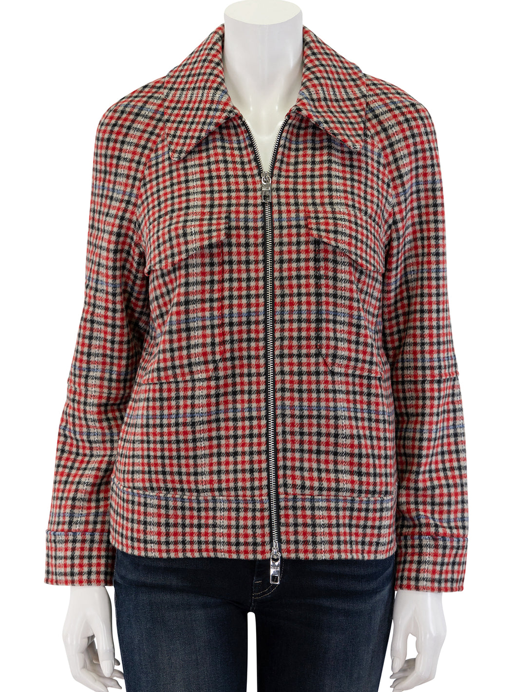 Front view of Rails' cheyenne jacket in crimson mini check, zipped.