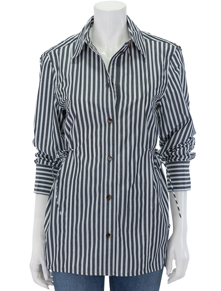 Front view of GANNI's stripe cotton oversized tie string shirt.