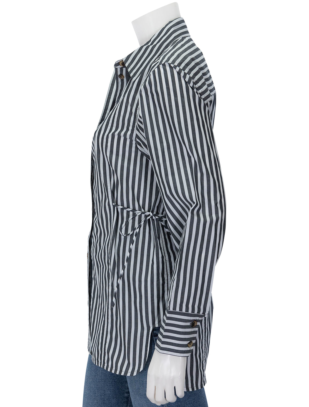 Side view of GANNI's stripe cotton oversized tie string shirt.