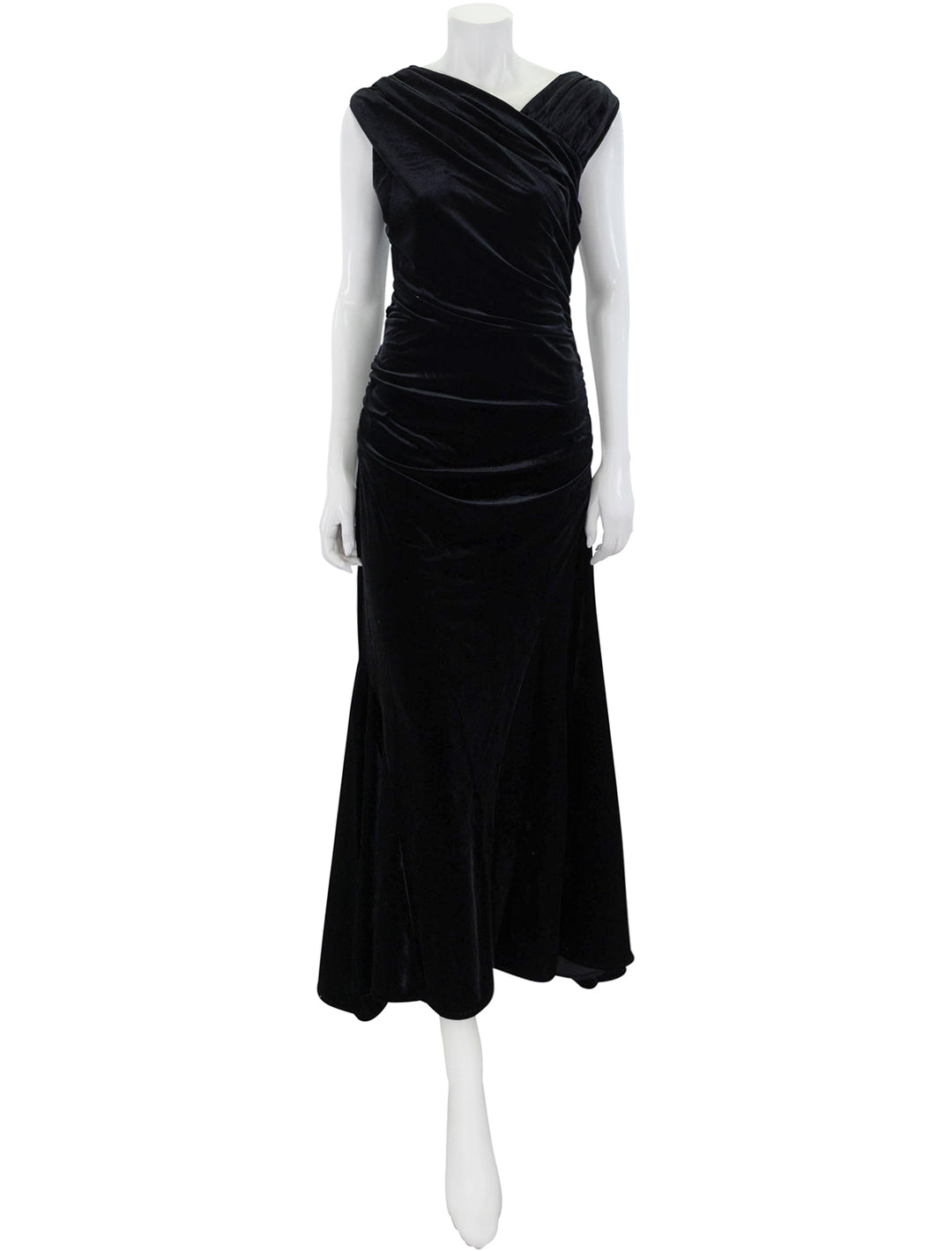 Front view of GANNI's velvet jersey ruched crossover dress.