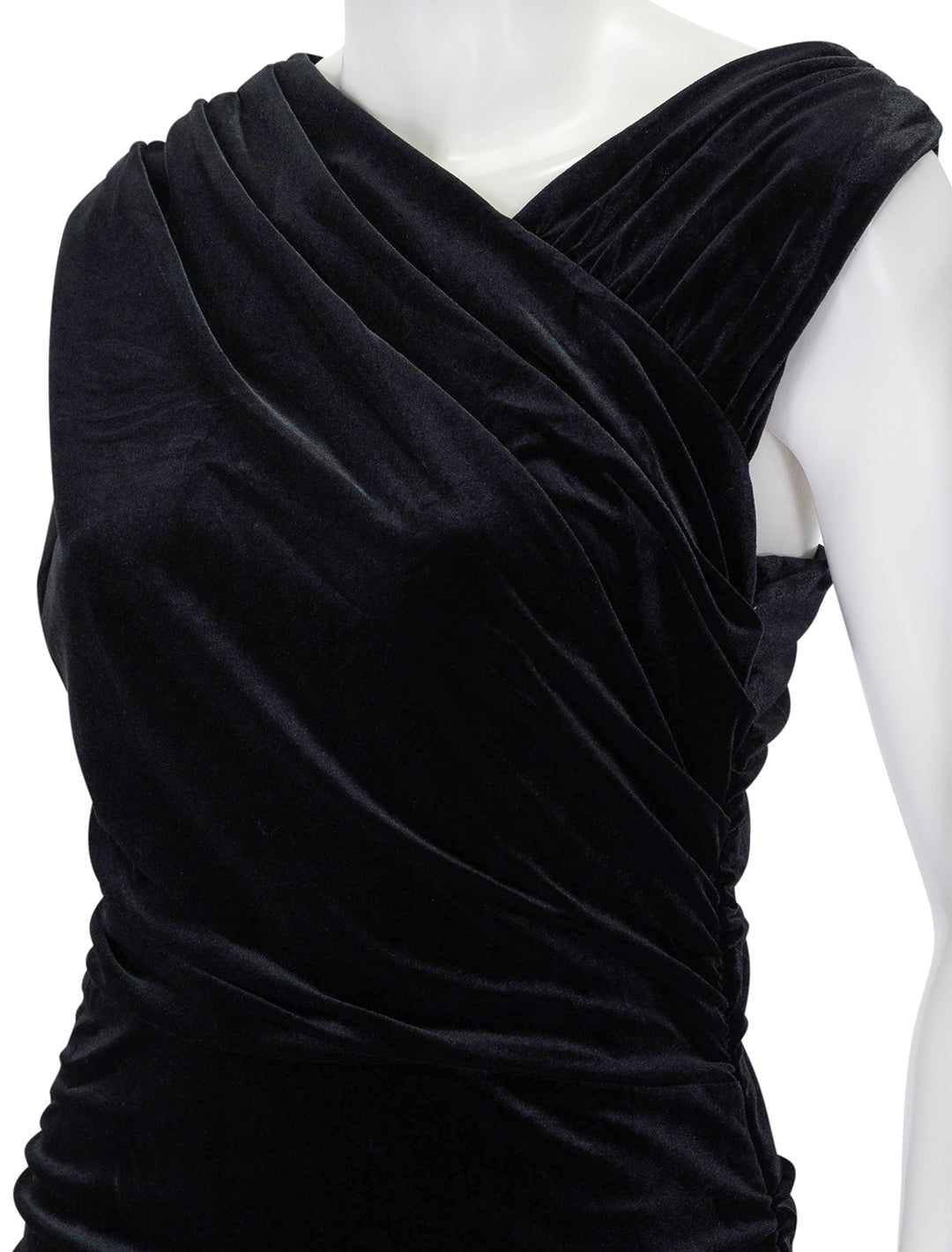 Close-up view of GANNI's velvet jersey ruched crossover dress.