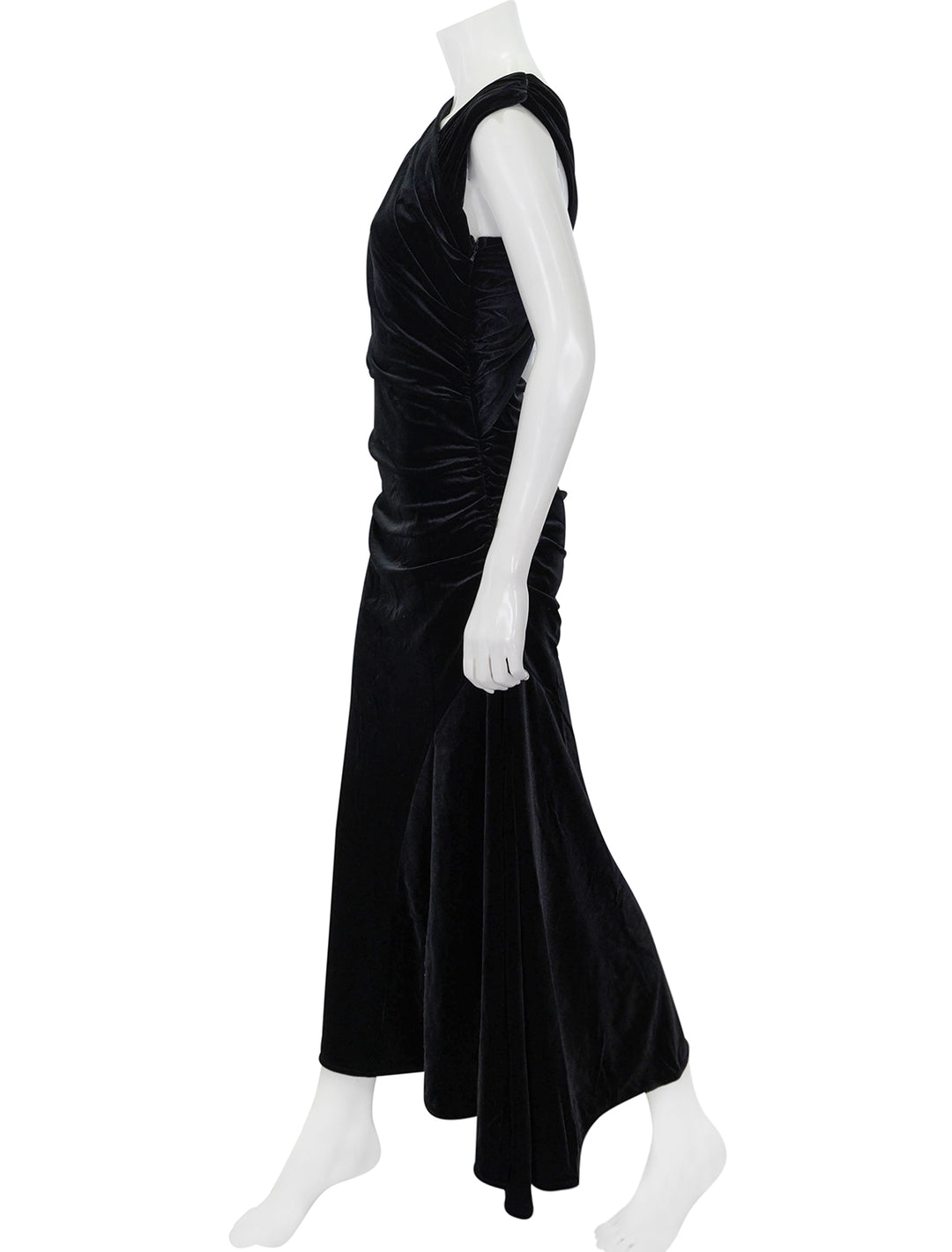 Side view of GANNI's velvet jersey ruched crossover dress.