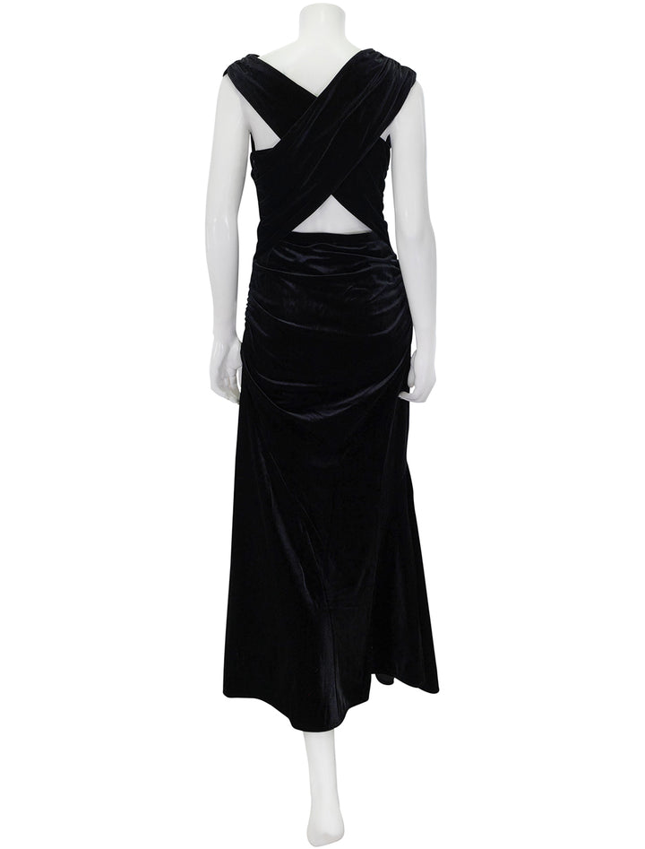 Back view of GANNI's velvet jersey ruched crossover dress.