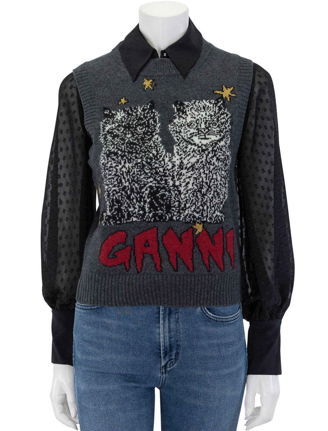 Front view of GANNI's graphic wool mix cats vest.