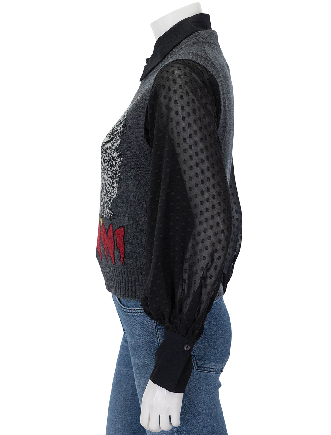 Side view of GANNI's graphic wool mix cats vest.