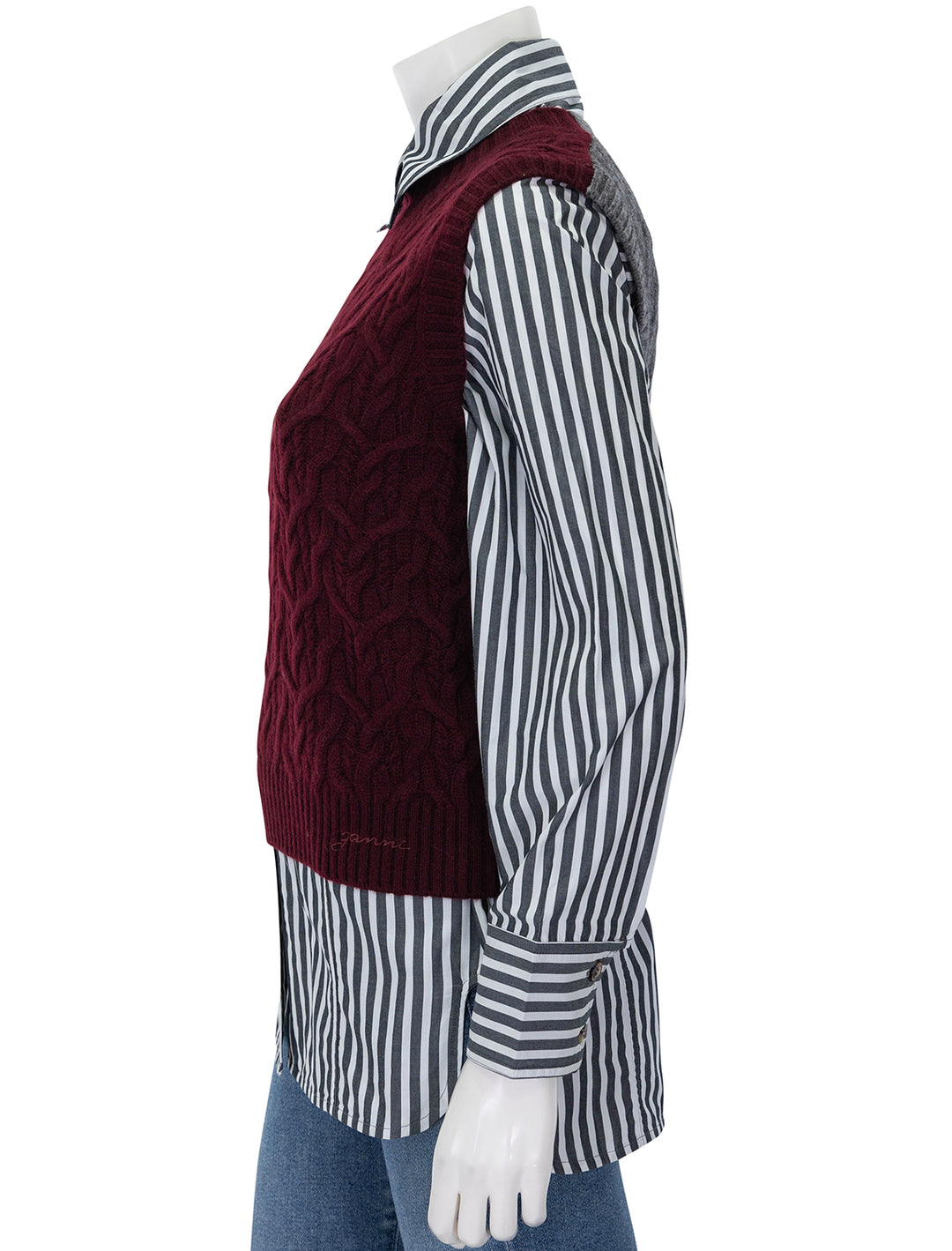 side view of wool cashmere cable vest in port royale