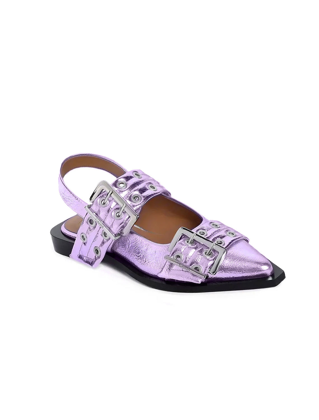 Front angle view of GANNI's buckle ballerina in pink lavender metallic.