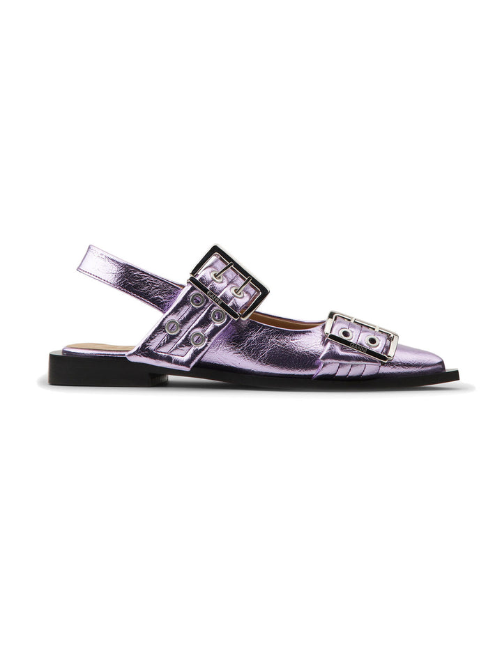 Side view of GANNI's buckle ballerina in pink lavender metallic.