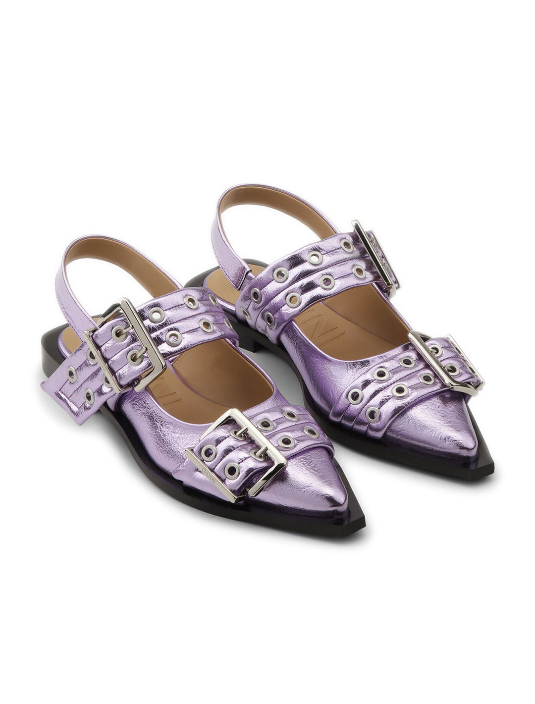 Overhead view of GANNI's buckle ballerina in pink lavender metallic.