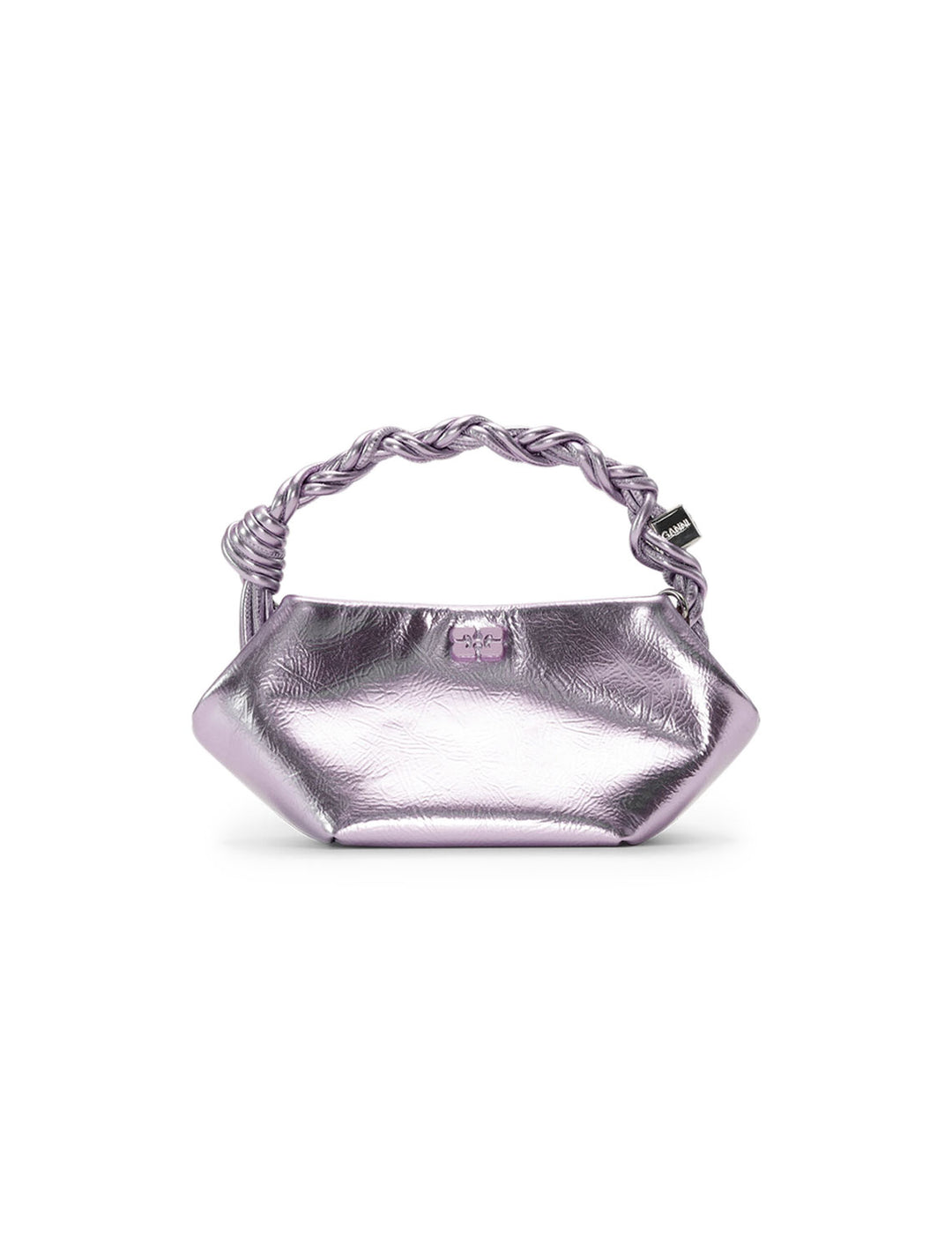 Front view of GANNI's mini bou bag in pink lavender metallic.