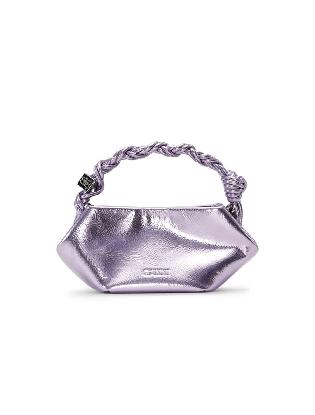 Back view of GANNI's mini bou bag in pink lavender metallic.