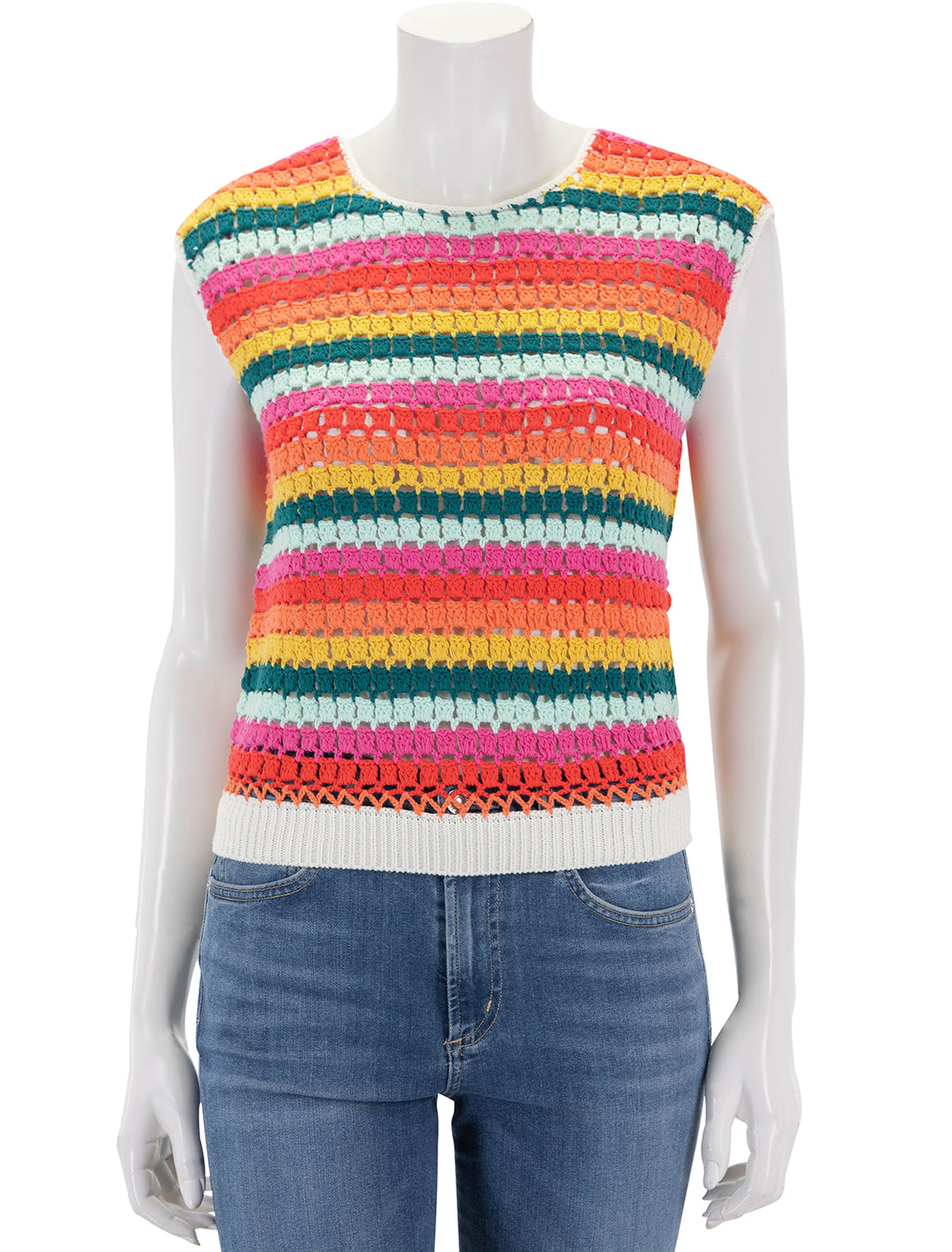Front view of Marine Layer's faye dolman top in rainbow stripe.