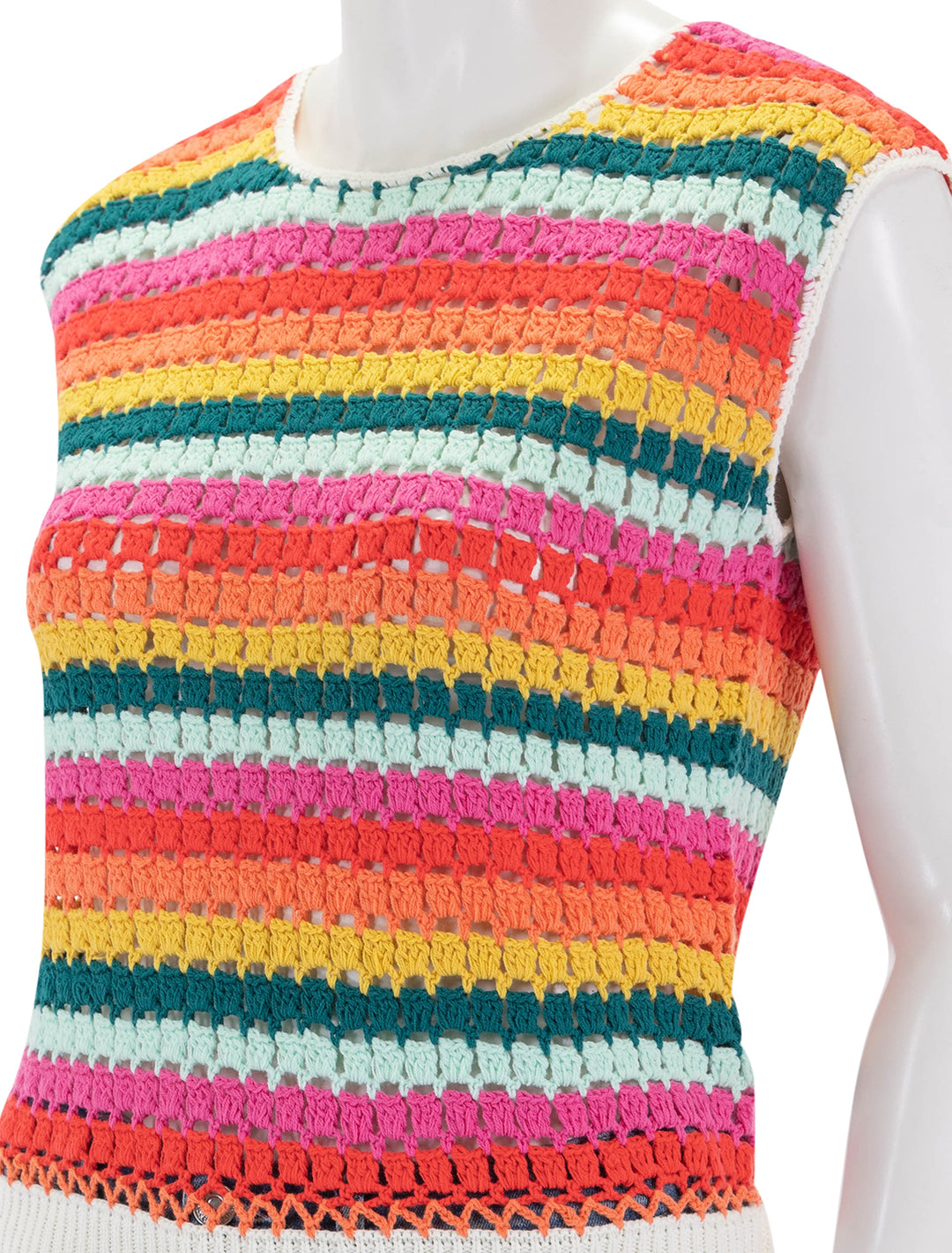 Close-up view of Marine Layer's faye dolman top in rainbow stripe.