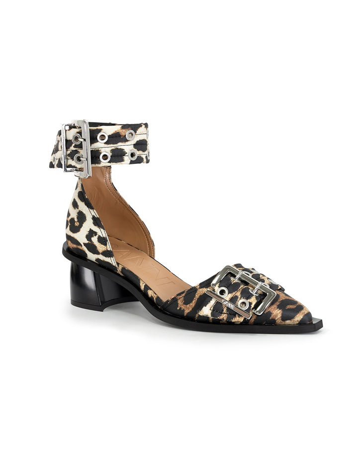 buckle open cut pump satin leopard print