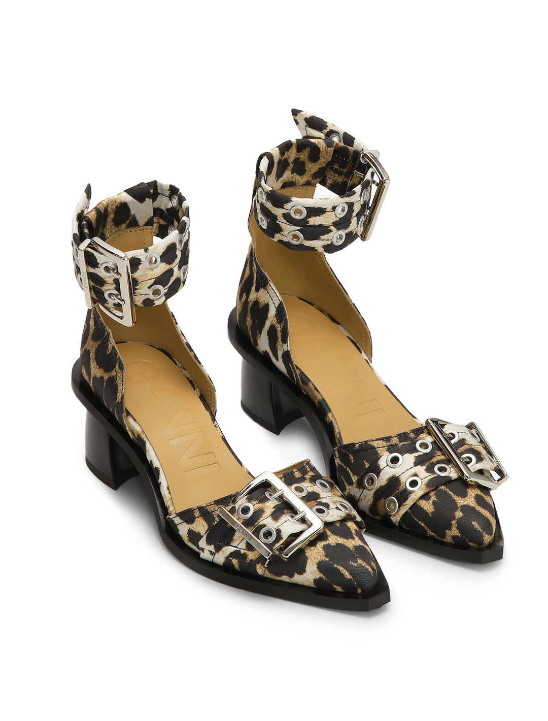 buckle open cut pump satin leopard print