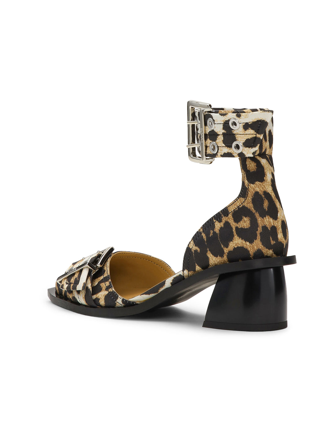 buckle open cut pump satin leopard print