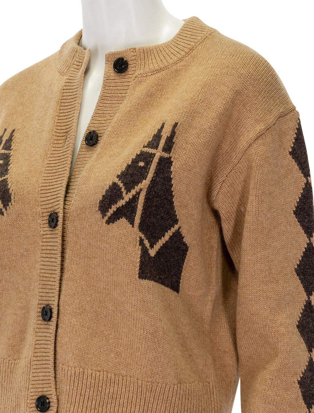 Close-up view of Rails' mavie cardigan in camel stables.