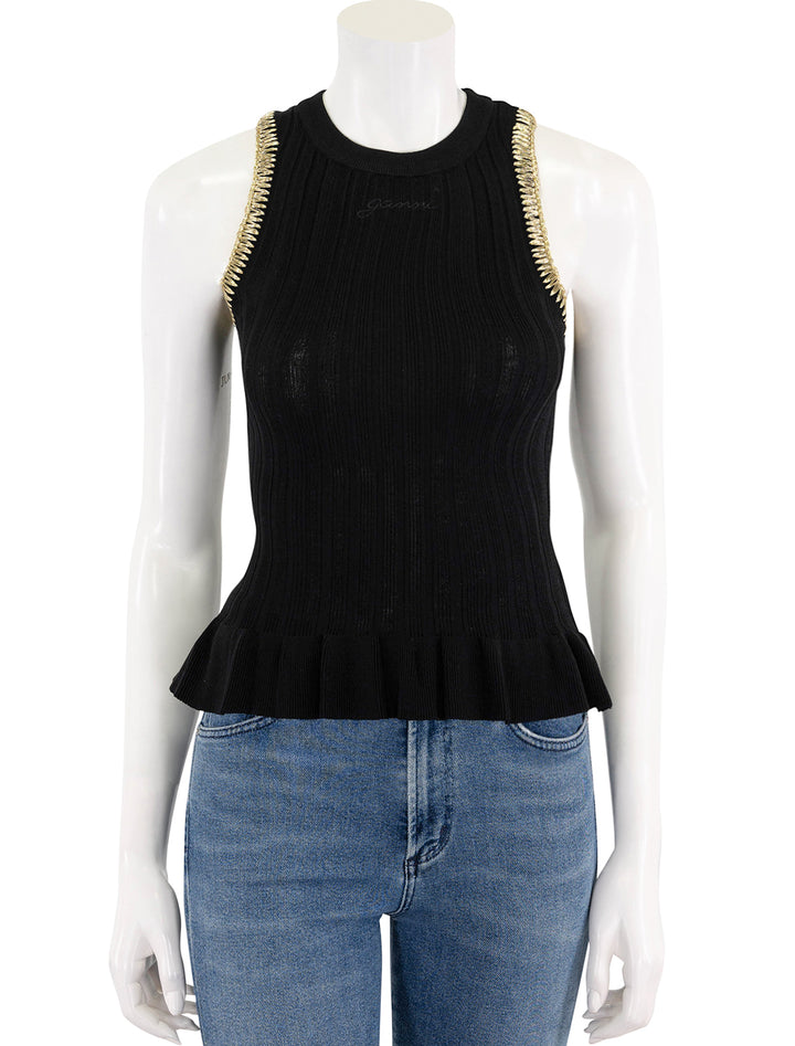 viscose rib tank in black with gold stitch detail