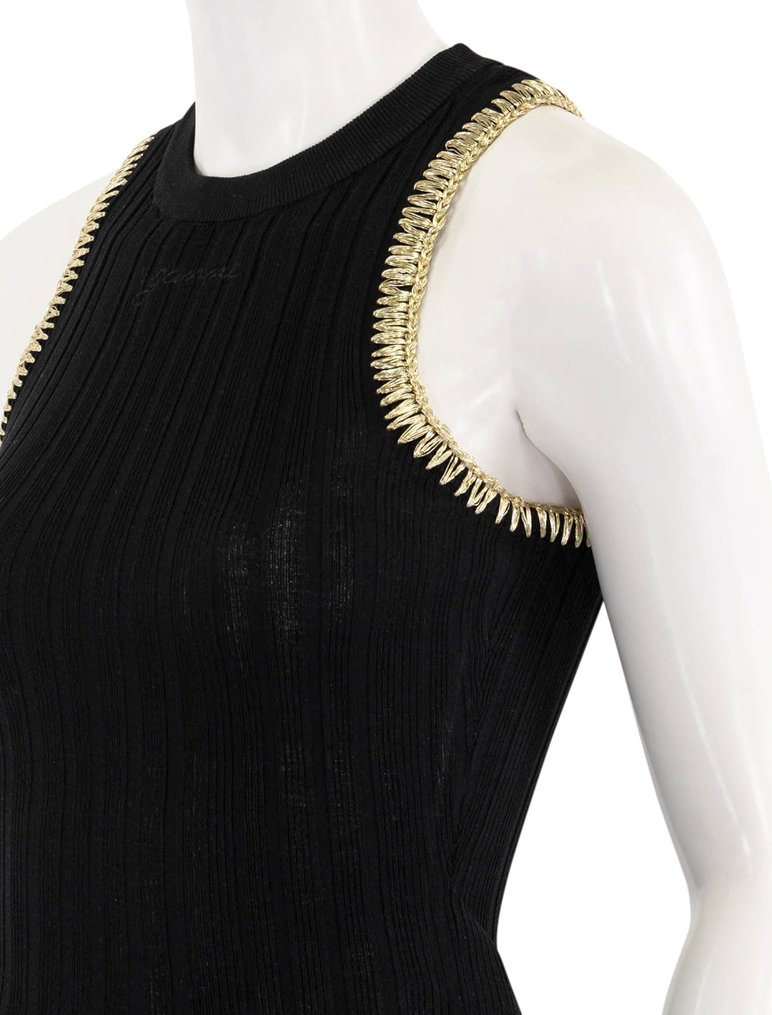 viscose rib tank in black with gold stitch detail