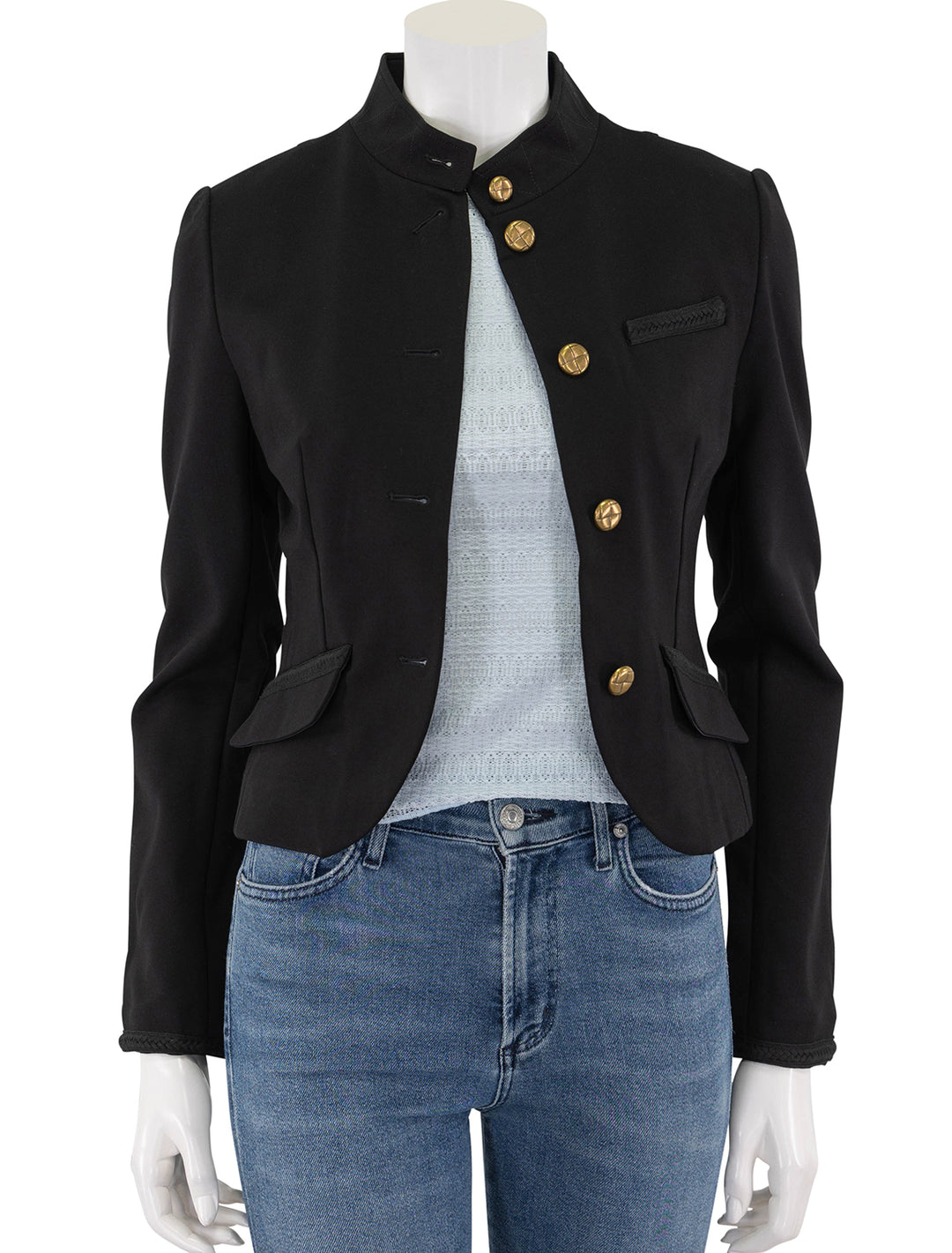 front view of slade braided trim blazer in black unbuttoned