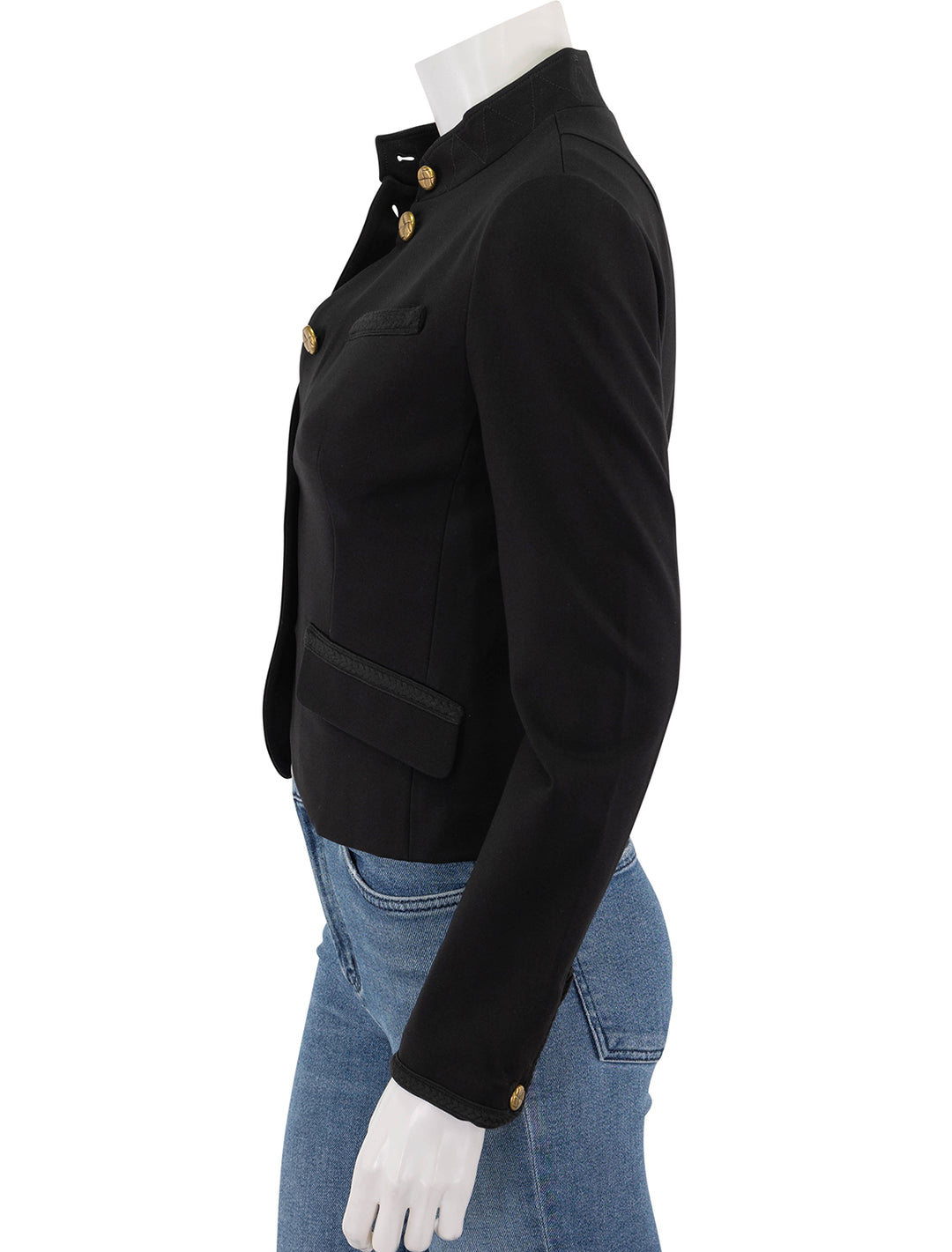 side view of slade braided trim blazer in black