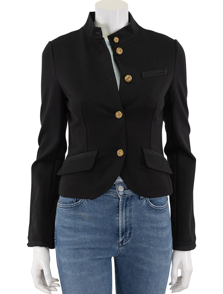 front view of slade braided trim blazer in black buttoned