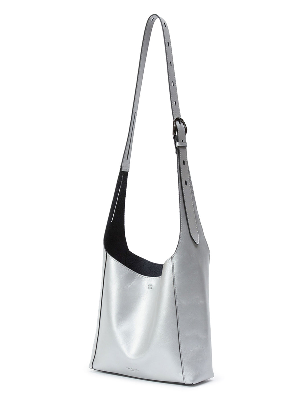 Front angle view of Rag & Bone's belize small shopper in silver.