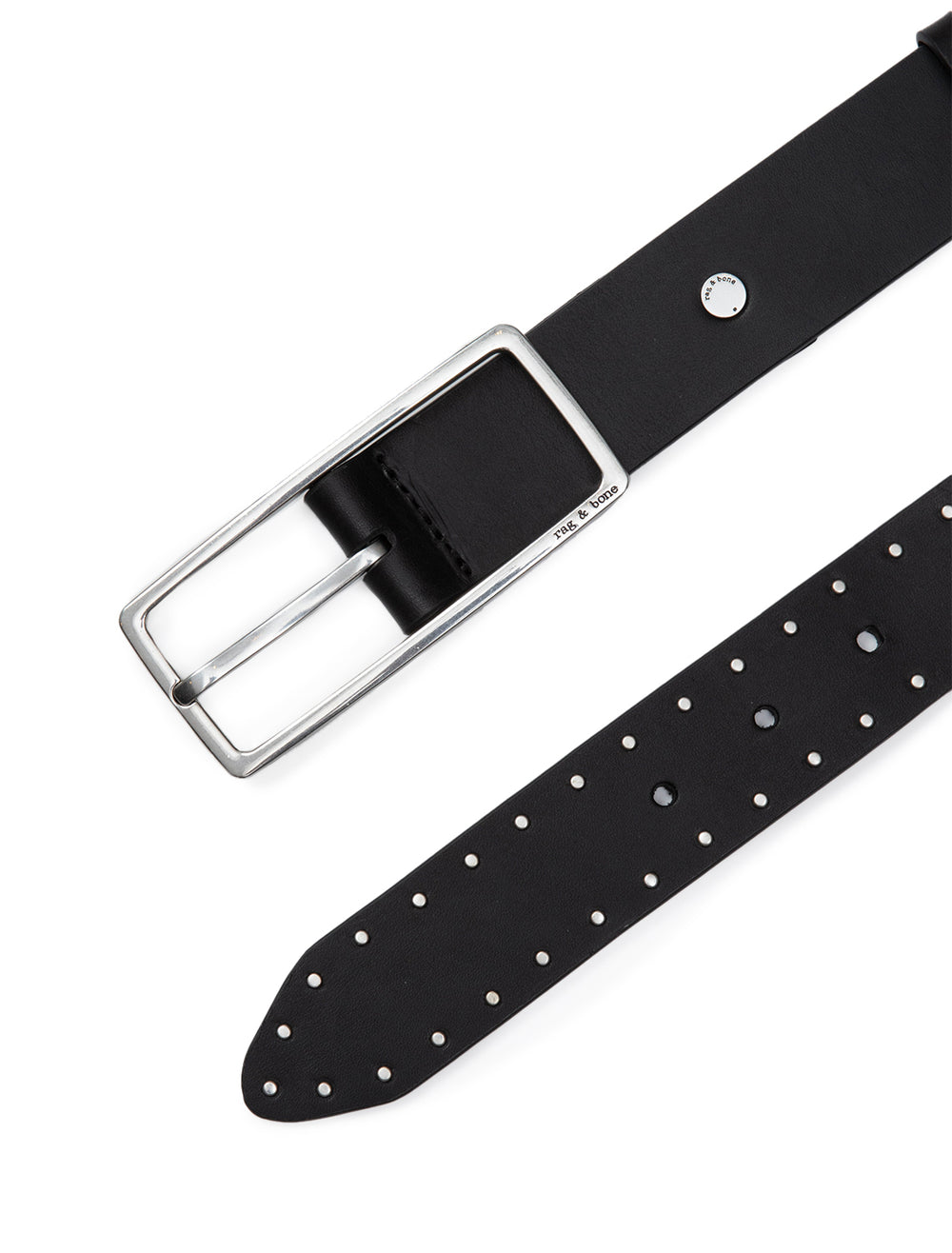 Close-up view of Rag & Bone's studded rebound belt in black.