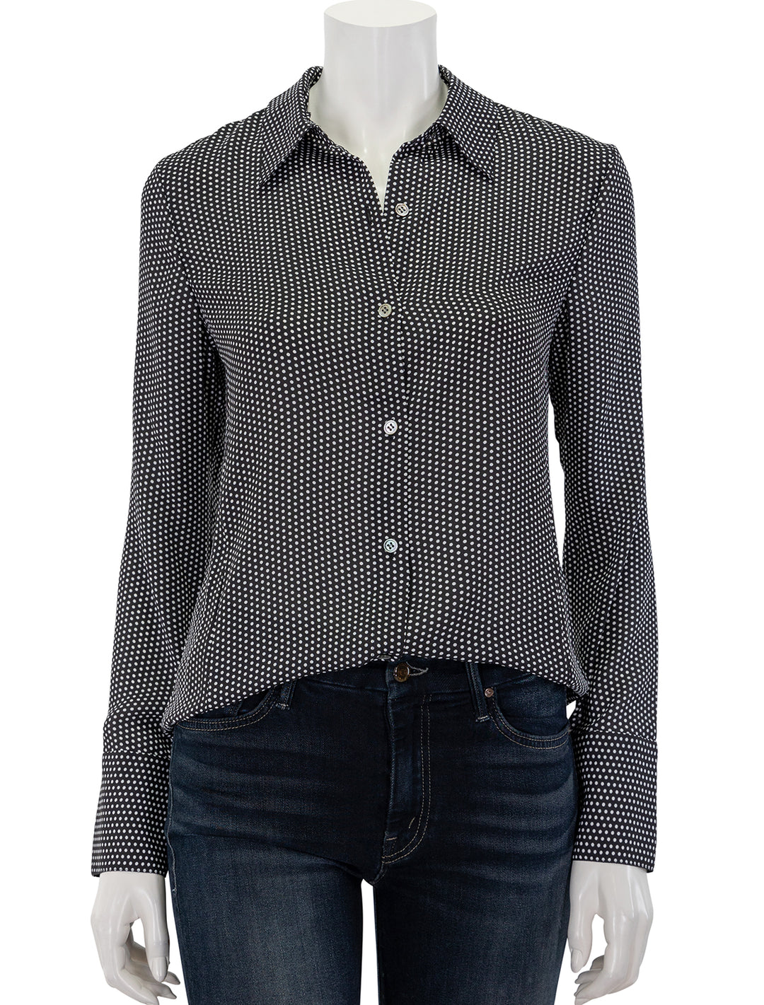 Front view of Theory's slim button down in black and white pindot.