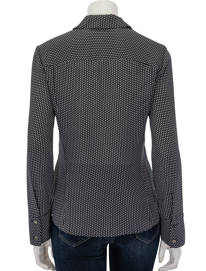 Back view of Theory's slim button down in black and white pindot.