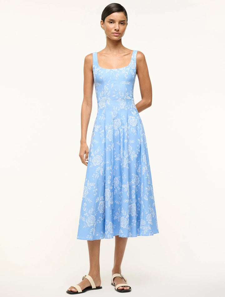 wells dress in blue rose print