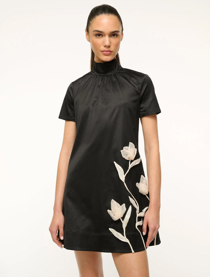 ilana mini dress in black with ivory flowers