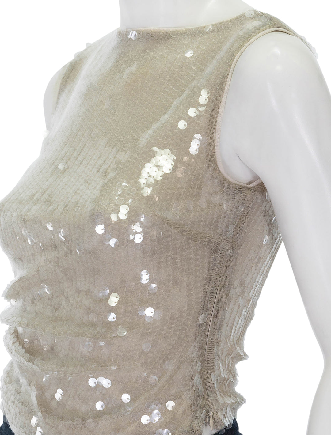 Close-up view of Staud's eton top in moon sequin.