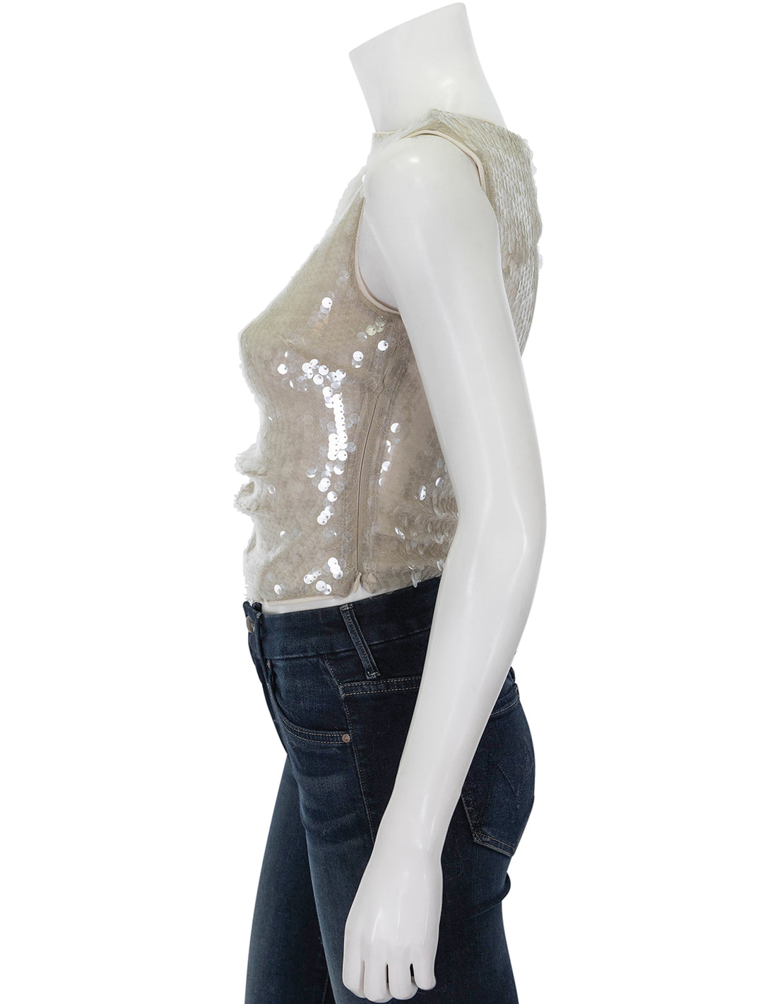 Side view of Staud's eton top in moon sequin.