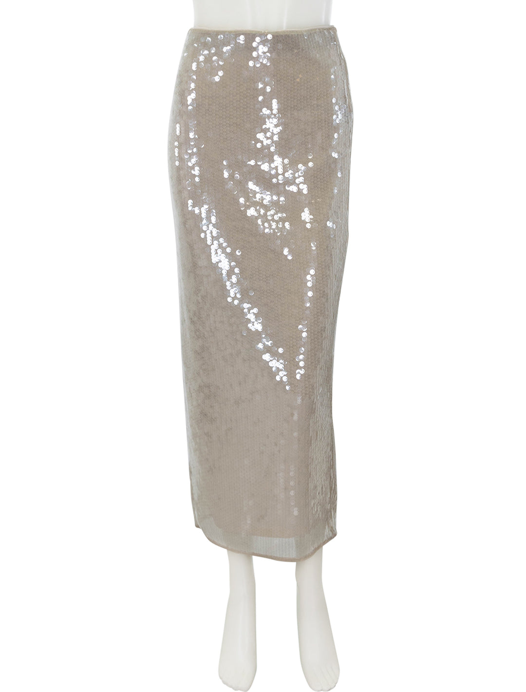 Front view of Staud's casey skirt in moon sequin.