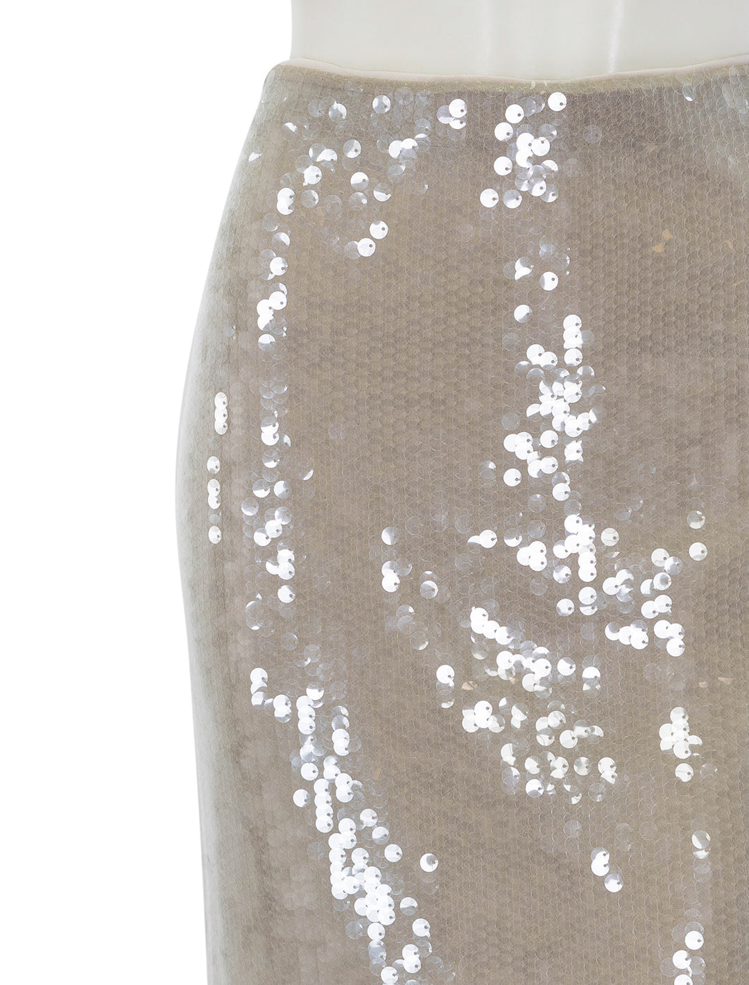 Close-up view of Staud's casey skirt in moon sequin.